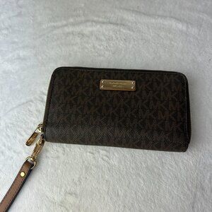 Michael Kors Women's Brown Zip-Around Logo Wallet with Zipper Accents